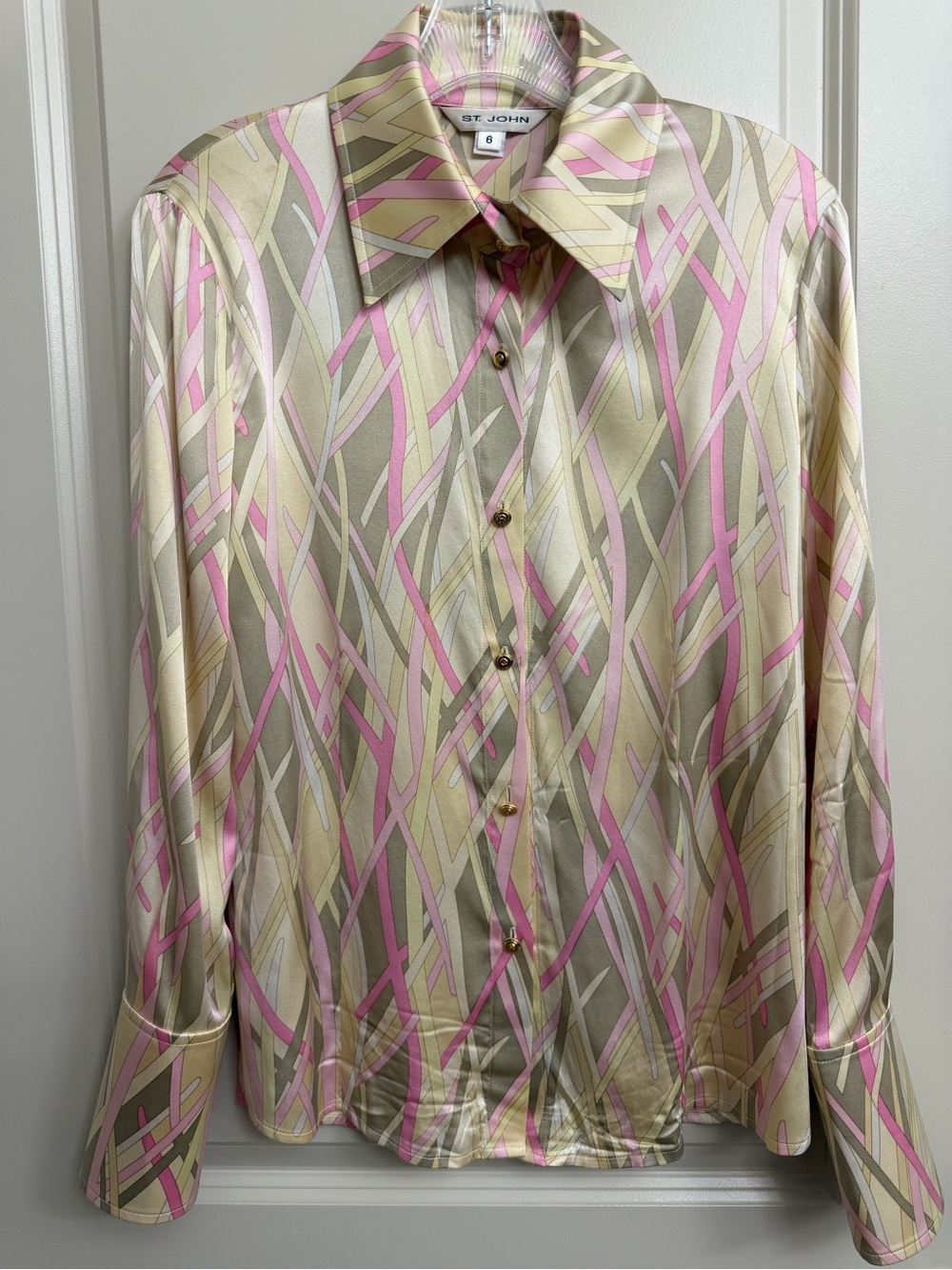 St. John Silk-Blend Pink, Beige & Gray Abstract Print Button-Up Blouse